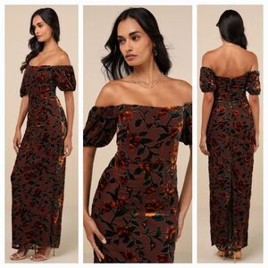 LULUS (XS) Confidently Impressive Brown Floral Velvet Off Shoulder Maxi Dress